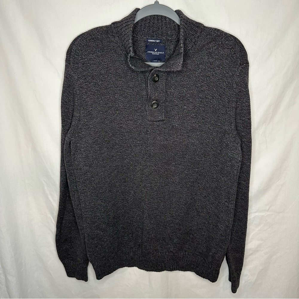 American Eagle Outfitters Charcoal Knit 1/4 Button Sweater
